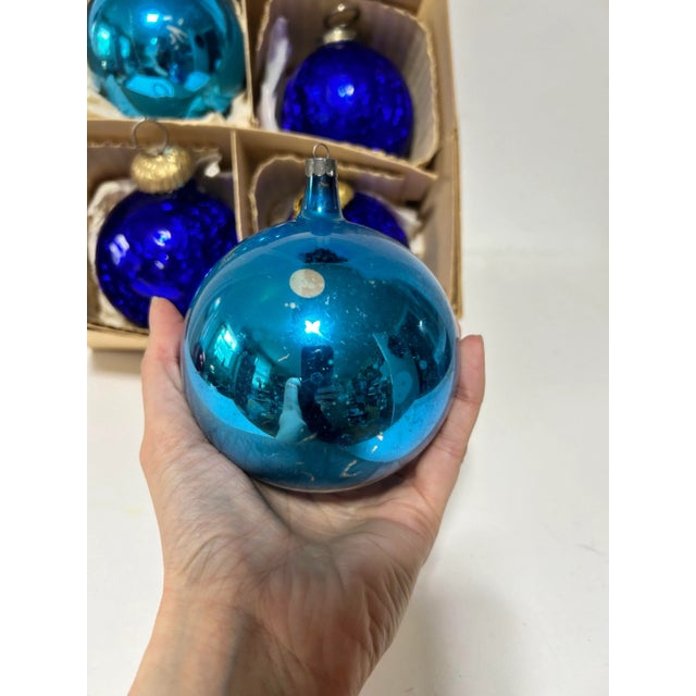 Teal Vintage Large Kugel-Style Mercury Glass Christmas Ornaments, Blue & Teal, Set of 6 For Sale - Image 8 of 12
