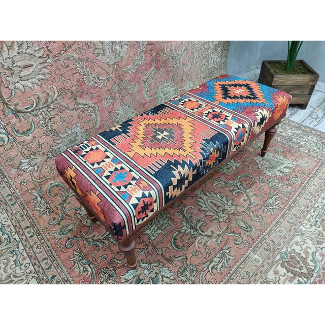 Aztec Pattern Printed Rug Fabric Upholstered Pouffe Bench For Sale - Image 4 of 10