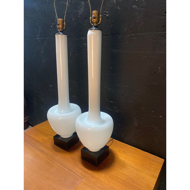 Mid-Century Modern 1960s Mid Century Modern Statuesque Cased Glass Murano Table Lamps on Black Walnut Bases - a Pair For Sale - Image 3 of 12