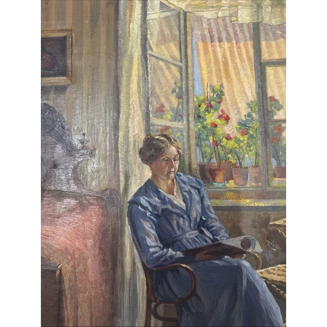 Blue Interior with Woman at Window, 1920s, Oil Painting on Canvas, Framed For Sale - Image 8 of 10