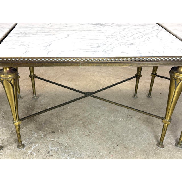 Mid 20th Century French Neoclassical Regency Style Tripartite X-Base Brass & Carrara Marble Tables For Sale - Image 11 of 12