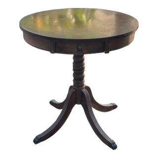 Vintage 1955 Mahogany Drum Table With Lion's Head Hardware — Lyon Mfg. Co., Memphis For Sale