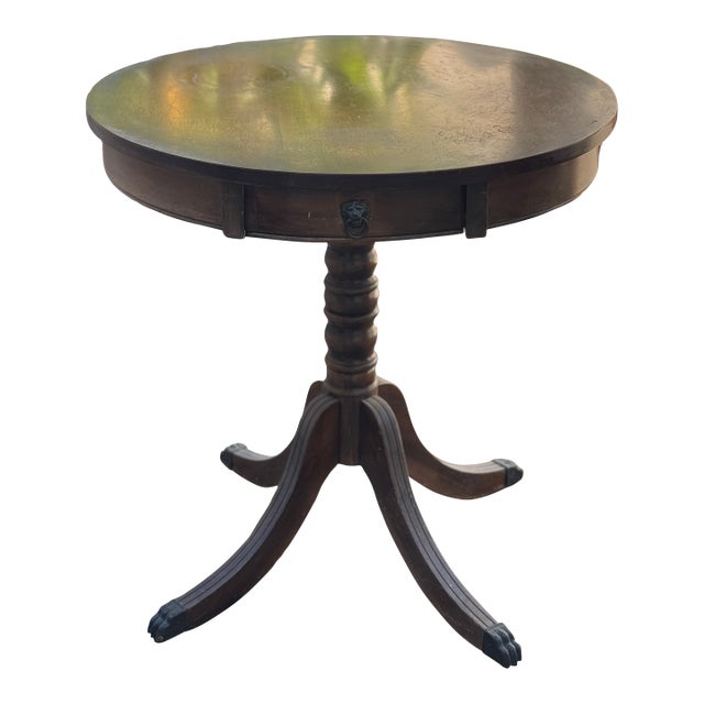 Vintage 1955 Mahogany Drum Table With Lion's Head Hardware — Lyon Mfg. Co., Memphis For Sale