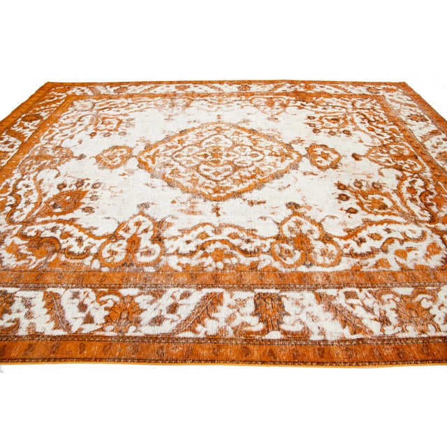 Overdyed Antique Orange Wool Rug With Medallion Motif For Sale - Image 10 of 11