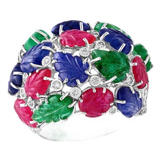 Huge Tutti Frutti 18K Ring, Natural Emeralds, Rubies, Sapphires Diamonds Size 9 For Sale