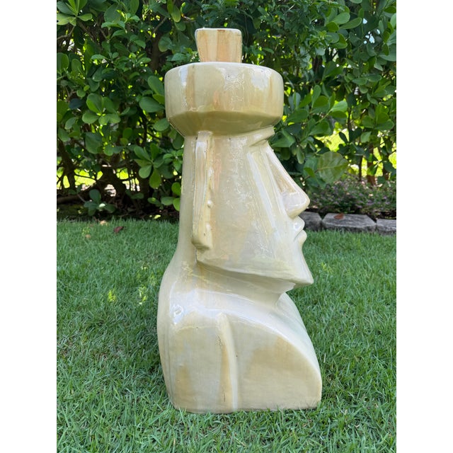Vanilla Large Vintage Glazed Ceramic Moai Easter Island Head Sculpture For Sale - Image 8 of 12