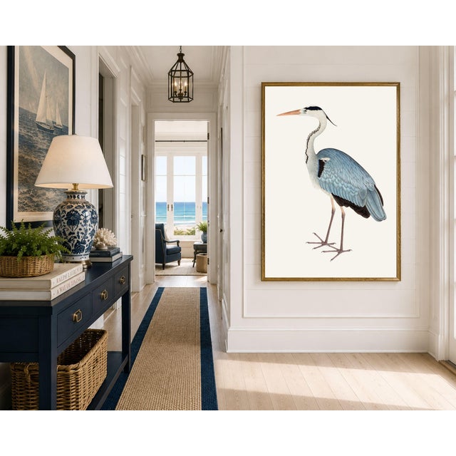 Vintage natural history artwork reproduced and refined for modern printing. Featuring an elegant gray heron with soft...