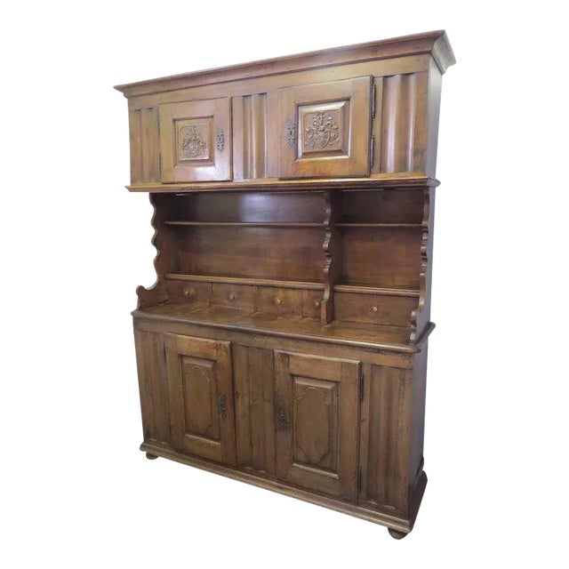 Swiss Walnut Cupboard Carved Panel Armorial Family Crest For Sale