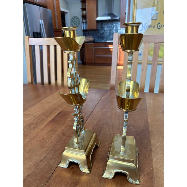 1960s Pair of Vintage Brass Candleholders-Asian For Sale - Image 5 of 8