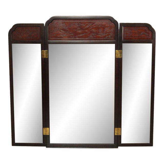 Drexel Heritage Chinoiserie Carved 'Connoisseur' Trifold Dresser Mirror For Sale