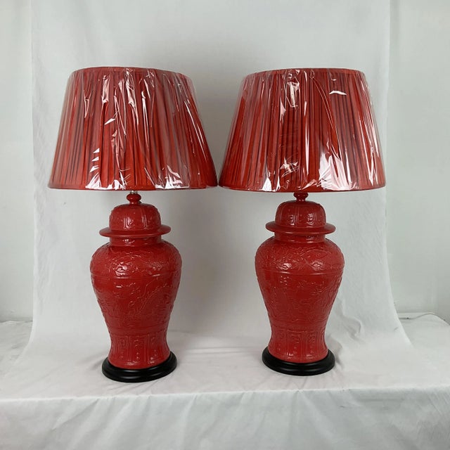 Red 1960s Vintage Large Coral Porcelain Ginger Jar Lamps With Shades - a Pair For Sale - Image 8 of 12