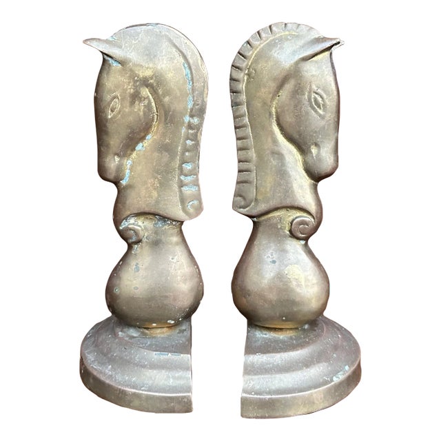 Pair of Mid Century Brass Vintage Deco Style Horse Head Knight Chess Bookends For Sale