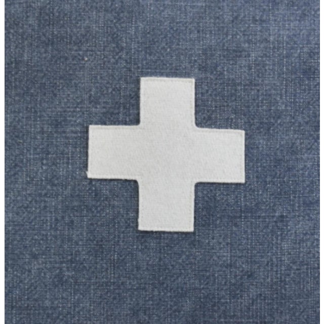 Cabin French Blue and Cream Appliqué Cross Wool & Linen Feather/Down Pillow For Sale - Image 3 of 6