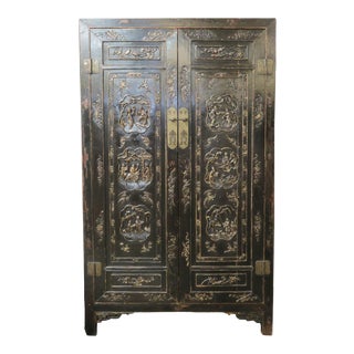 Antique Chinese Black Wedding Wardrobe Cabinet With Gold Carvings For Sale