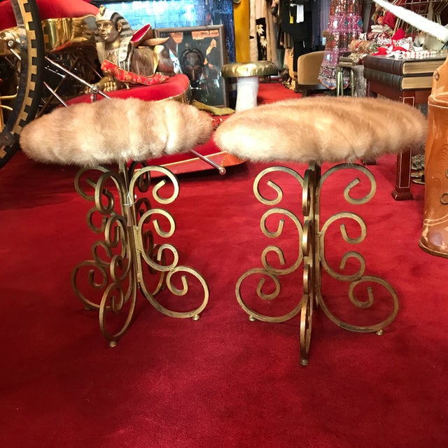 Pair of stools from the mid century period reupholstered in upsicle mink they are heavy And very sturdy