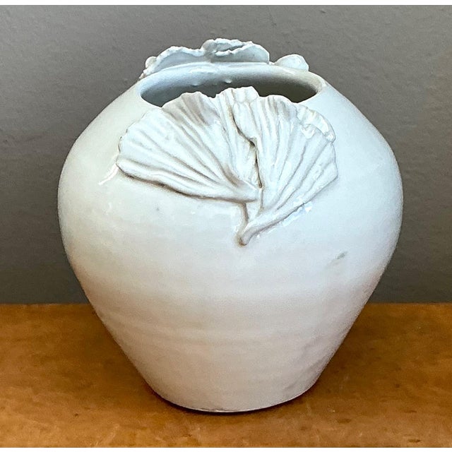 Vintage Kass O'Brien White Ceramic Vase With Ginko Leaf Motif For Sale - Image 12 of 13