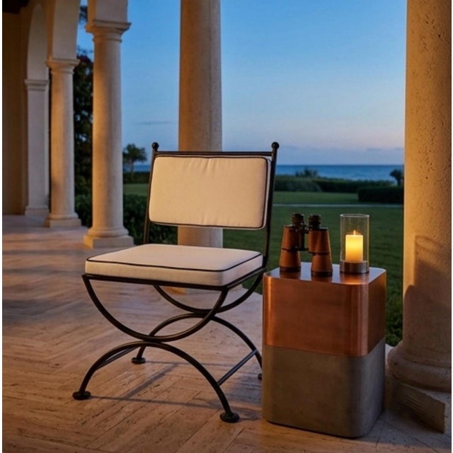 Metal Vintage Turkish Powder-Coated Cast Iron Campaign-Style Vanity or Garden Chair With New Custom Cushions For Sale - Image 7 of 11