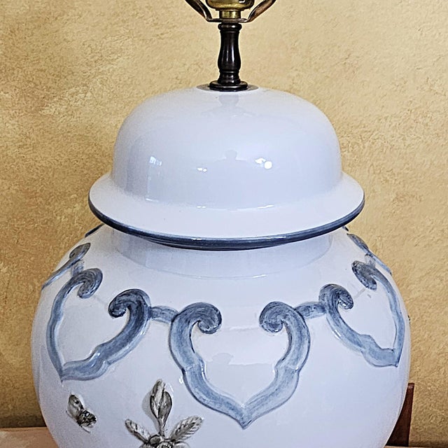 Late 20th Century Chinese Chinoiserie Porcelain Table Lamp With Relief Floral Motif & Black Shade, 30"h For Sale In Washington DC - Image 6 of 18