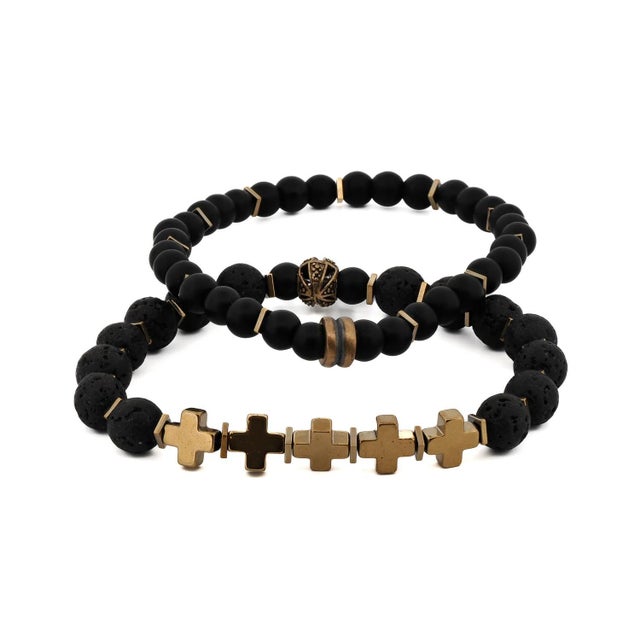 Black Gold Cross Black Beaded Bracelet Set For Sale - Image 8 of 8