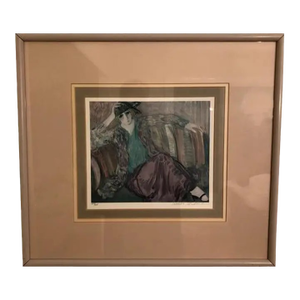 1980s Barbara A. Wood Signed Lithograph “Pensive Woman” Custom Framed
