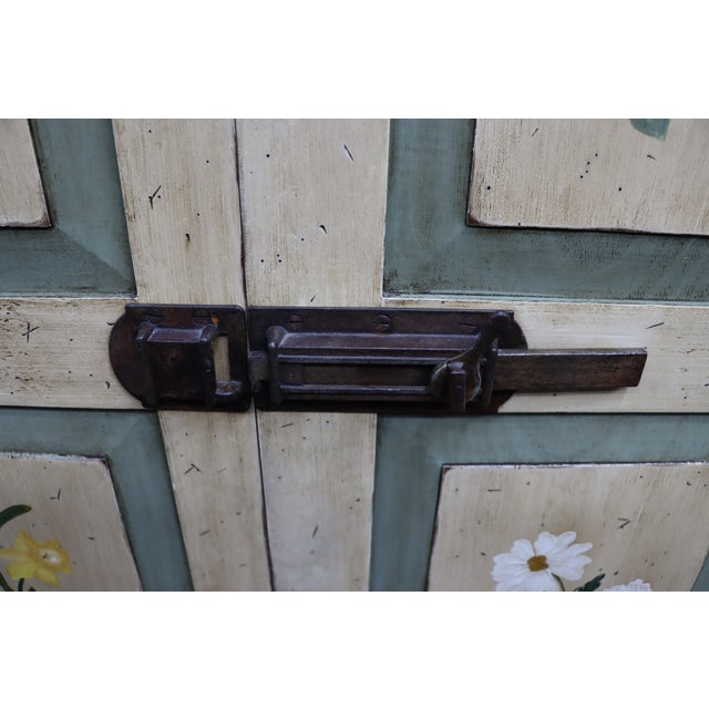 Primitive Painted Pine Linen Press With Floral Decoration For Sale - Image 11 of 16