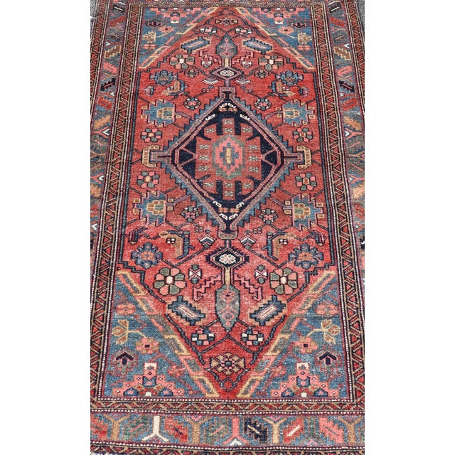 Antique Persian Hamadan Rug With Colorful Geometric Medallion on Red Background For Sale In Atlanta - Image 6 of 12