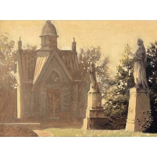 Guardian Angels by Diego Glazer | Oil on panel Painting of a historic building with statues For Sale