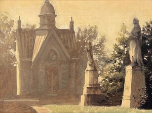 Guardian Angels by Diego Glazer | Oil on panel Painting of a historic building with statues