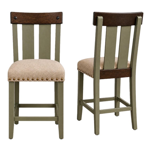 Late 20th Century Designer Counter Height Stools, Set of 2, Old Chapel Sagewood Finish With Upholstered Seats For Sale