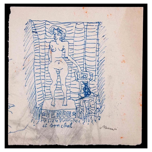Mino Maccari, Venus and Her Cat, Pen Drawing, 1950 For Sale