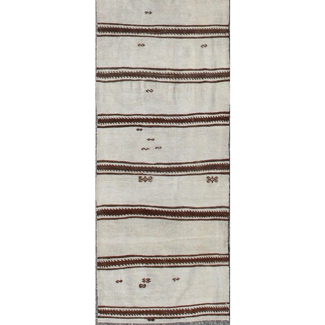 Mid 20th Century Long Vintage Turkish Kilim Flat-Weave Runner With Minimalist Stripe Design For Sale - Image 4 of 7