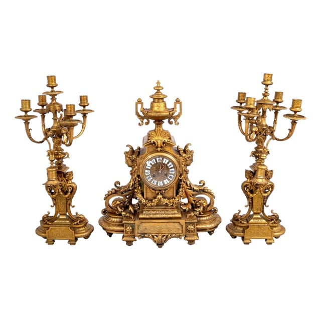 Napoleon III Gilt Bronze Three-Piece Clock Set For Sale