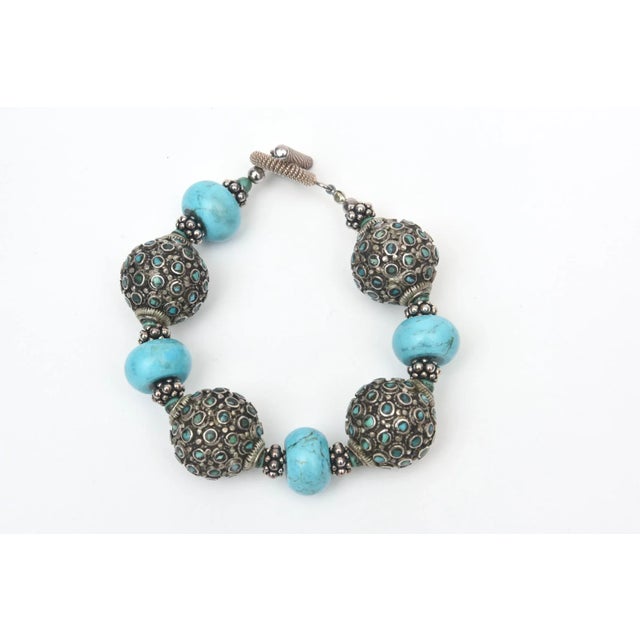 Turquoise and Silver Blackened Metal Necklace With Circular Pendant and Toggle Bracelet Indian Style Set Of For Sale - Image 4 of 8