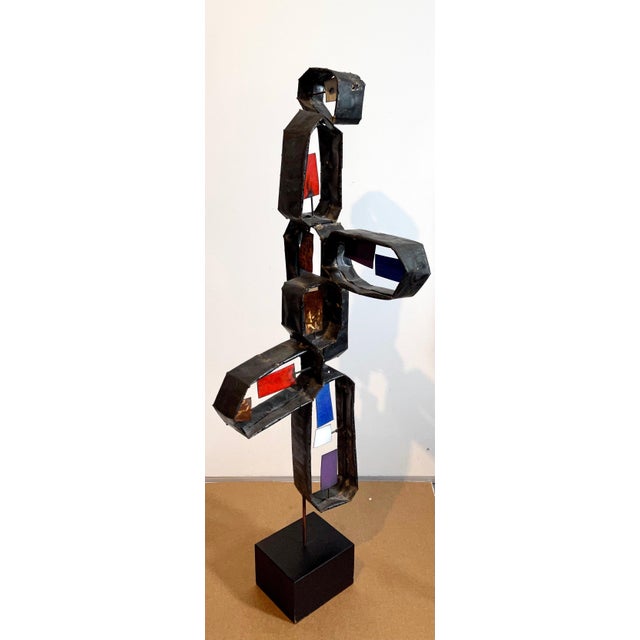 Italian Mid Century Mod Large Brutalist Welded Copper Enamel Sculpture Wood Base, c.1950's For Sale