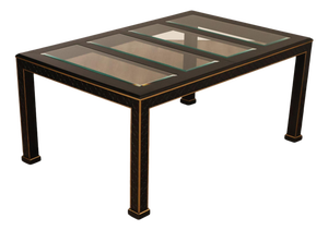 Chinese Chippendale Black Lacquered Dining Table With Two Leaves, Inset Glass