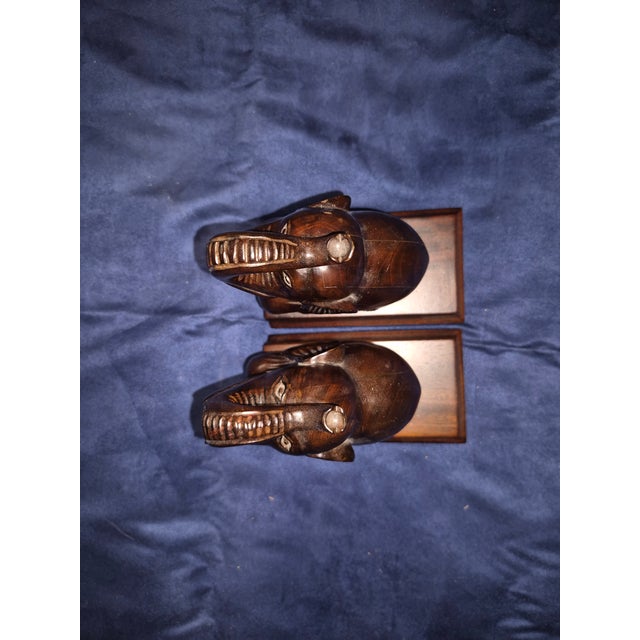Mid 20th Century Vintage Hand-Carved Hardwood Elephant Bookends Fd For Sale - Image 5 of 8