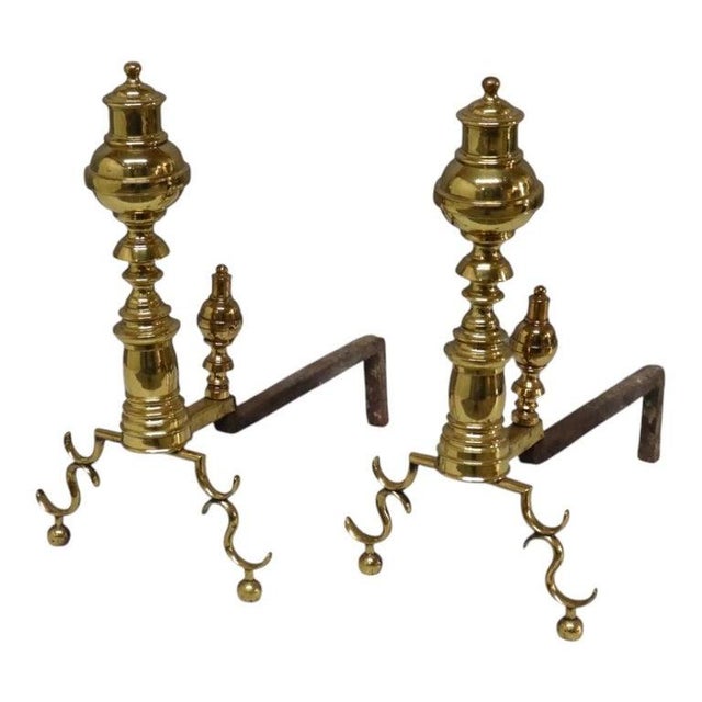 Federal Style Brass Beehive Fireplace Andirons C1920 For Sale - Image 4 of 10