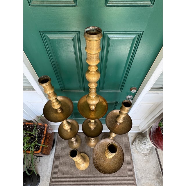 Vintage 1960s Moroccan Etched Brass Pillar Altar Floor Candle Stands = 5 Altars (35 Pieces) For Sale - Image 13 of 15