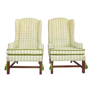 Set of 2 Ethan Allen Wingback Chairs Upholstered With Palm Orleans Painter’s Gingham in Garden District Fabric For Sale
