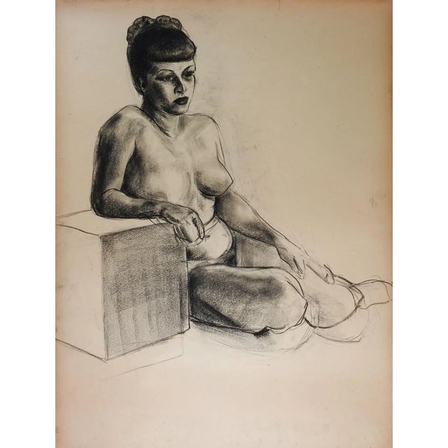 Mid-Century Modern Vintage 1950s Charcoal Seated Nude Female Figure Study Drawing For Sale - Image 3 of 3