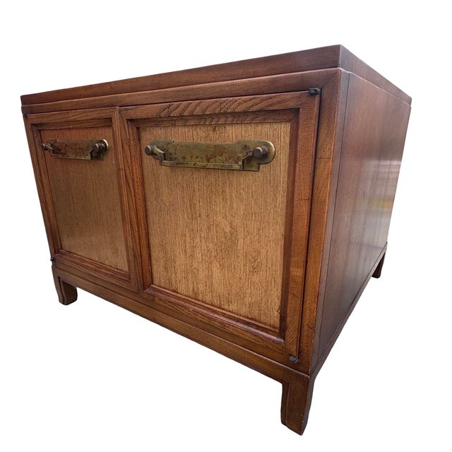 Campaign Vintage Asian Modern Walnut Storage End Tables With Brass Hardware – Pair For Sale - Image 3 of 8