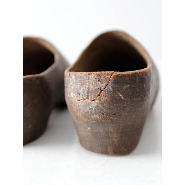 Brown Antique Carved Wooden Clogs Pair For Sale - Image 8 of 9