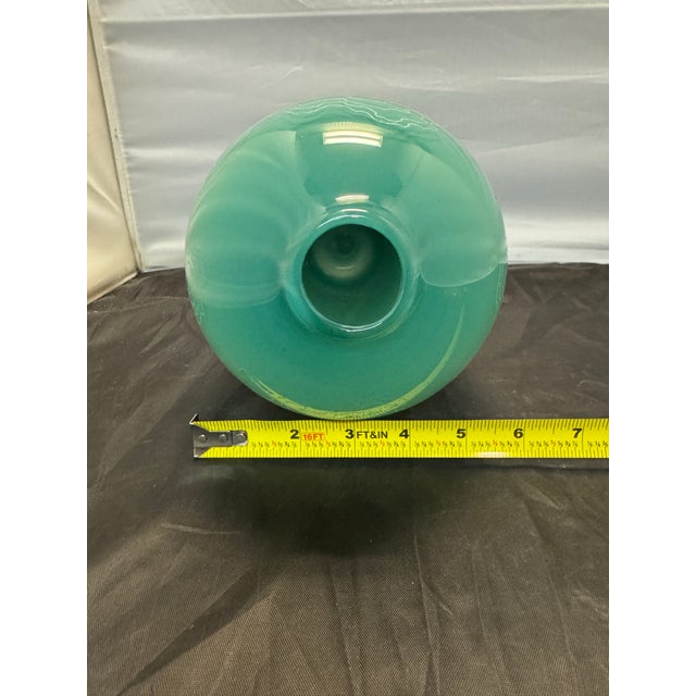 Vintage Mid Century Style Art Glass 10” Vase Emerald Seafoam Ombre Etched Swirls For Sale - Image 9 of 9
