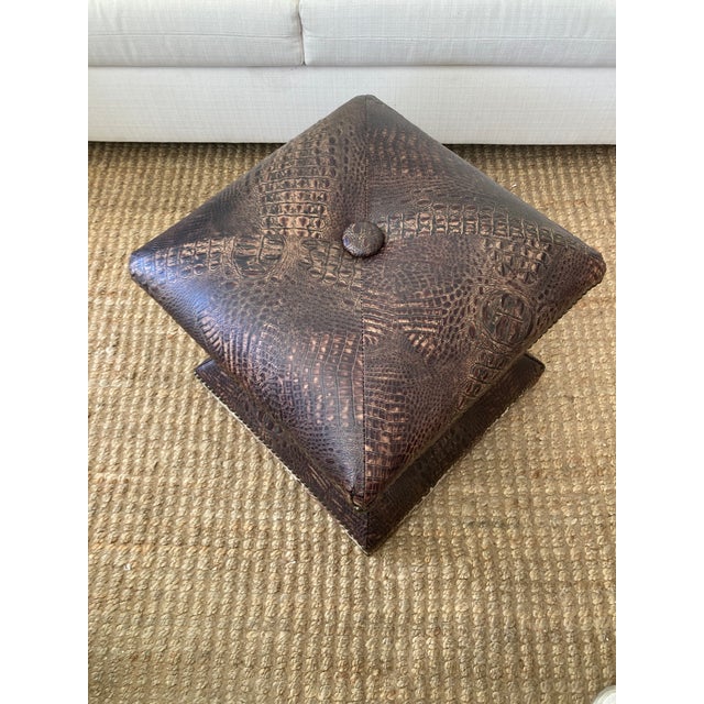 Wood Faux Crocodile Custom Ottoman With Nailheads Brown For Sale - Image 7 of 8