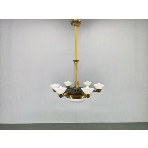 Art Deco Brass Chandelier with Glass Shades, Czechoslovakia, 1930s For Sale - Image 3 of 17
