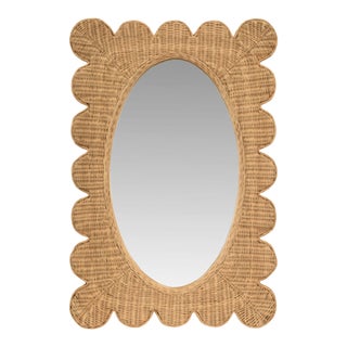 Matthew Izzo Home Lillian Woven Rattan Wall Mirror - Rectangular Frame With Oval Mirror For Sale