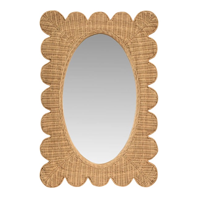 Matthew Izzo Home Lillian Woven Rattan Wall Mirror - Rectangular Frame With Oval Mirror For Sale