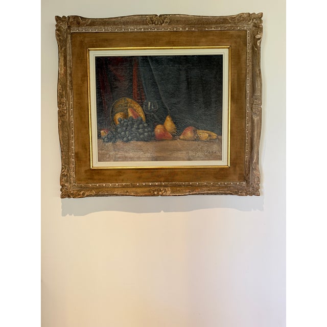 Very nice oil on board fruit and wine bounty painting. Rich velvet drapes the back ground. Nice carved wood frame with...