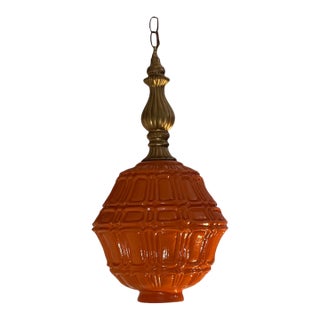Mid-Century Distressed Orange Pressed Glass Pendant Light For Sale