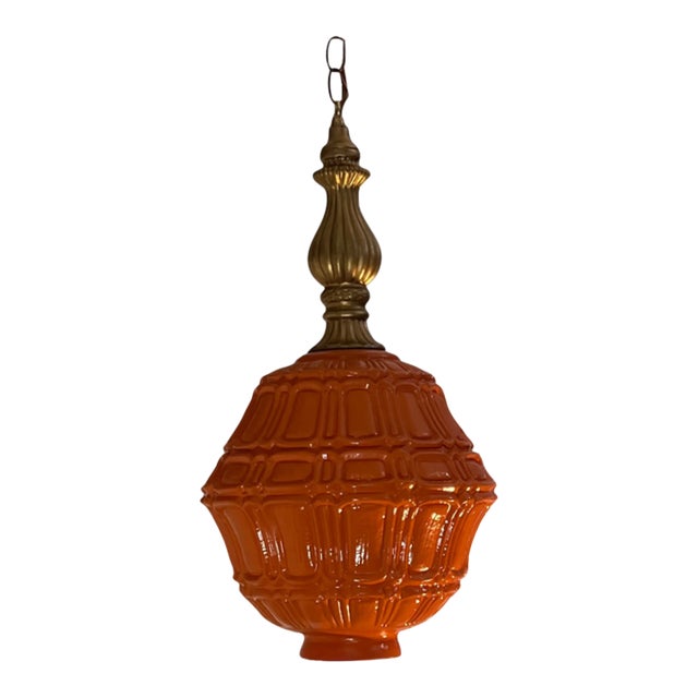 Mid-Century Distressed Orange Pressed Glass Pendant Light For Sale